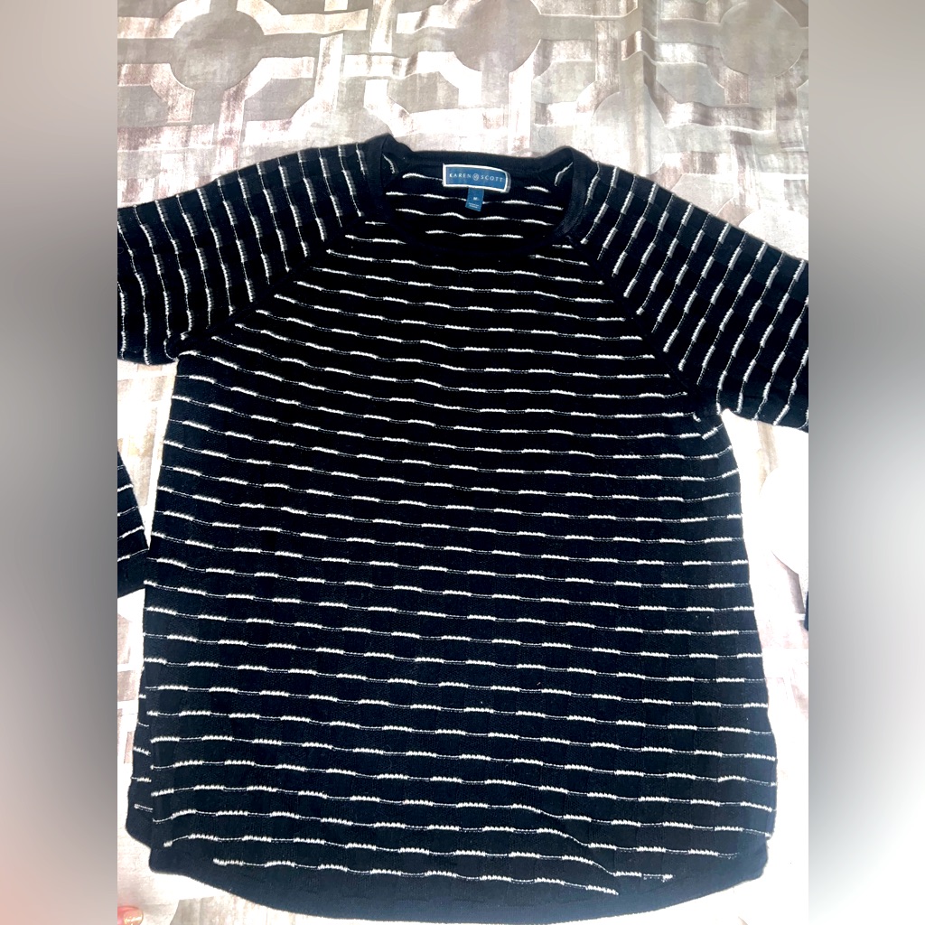 Karen Scott Cotton Tuck-Stitch Sweater, “Winter Black/Whitecombo,” Size M